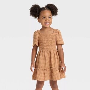NEW Toddler Tan Gingham Plaid Bow Dress